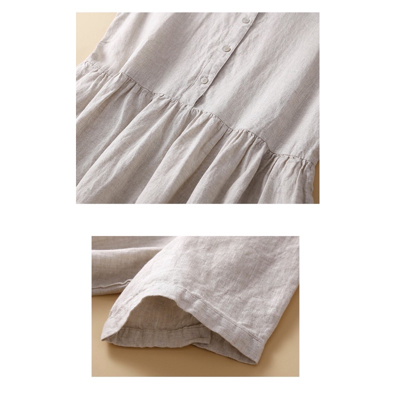 Đầm Linen Nữ Form Suông Cổ Sơ Mi Cúc Hoạ Tiết Tay Lửng Thoáng Mát Da158