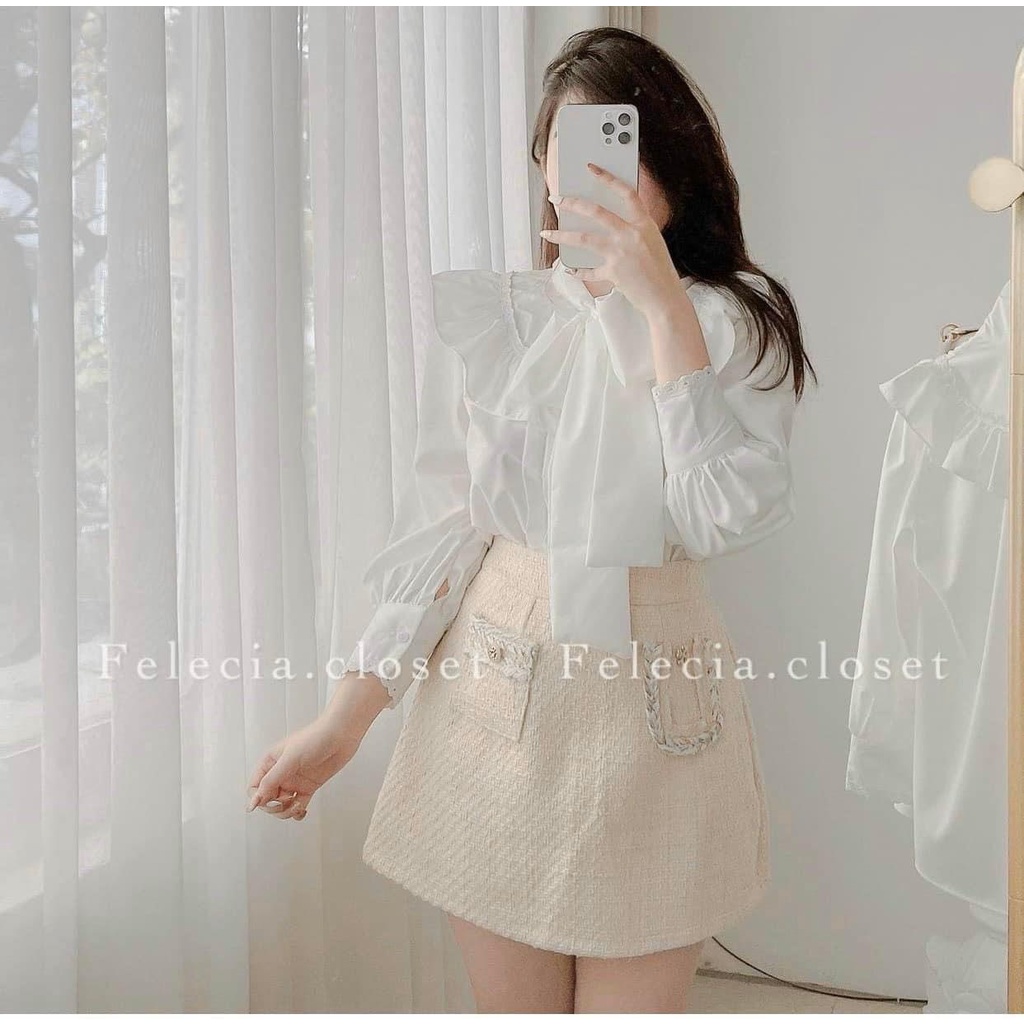 [ẢNH THẬT] - Áo sơ mi trắng tiểu thư ulzzang cổ nơ viền ren - SM35 - jannahouse