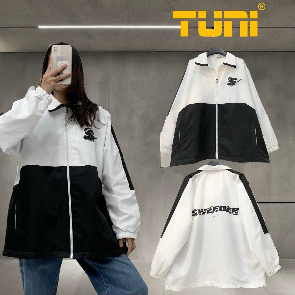 Áo khoác gió nam nữ 2 lớp Đen trắng nửa thân, Áo bomber 2 lớp dù chông nước chống nắng.