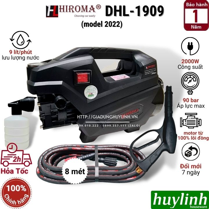 Máy xịt rửa xe cao áp Hiroma DHL-1909 - 2000W (Model 2022)