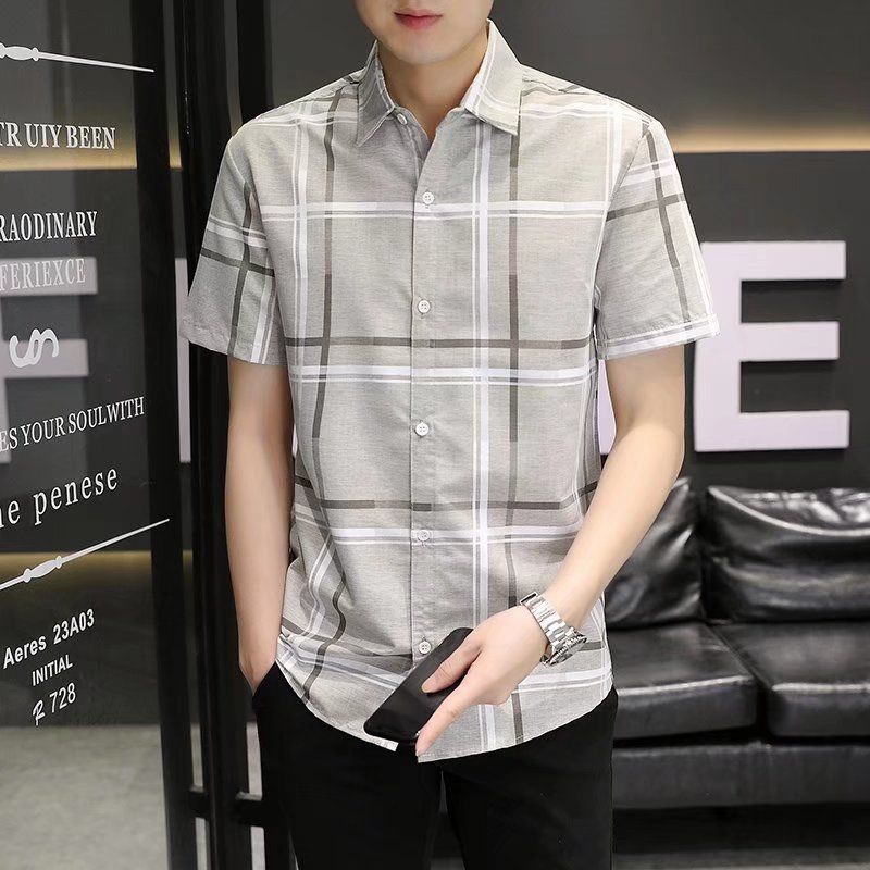 Áo Sơ Mi Ngắn Tay Dáng Ôm Phong Cách Hàn Quốc Giản Dị Dành Cho Nam