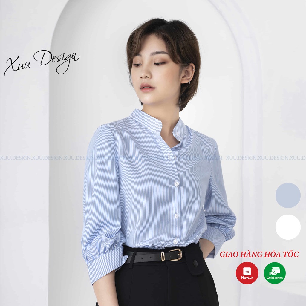 Áo sơ mi nữ công sở Xuu, thiết kế cổ tàu tay lỡ kẻ xanh - SMK11 kẻ xanh