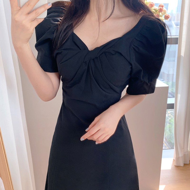 Đầm Midi Tay Ngắn Cổ Rộng Màu Trơn Đơn Giản 34395