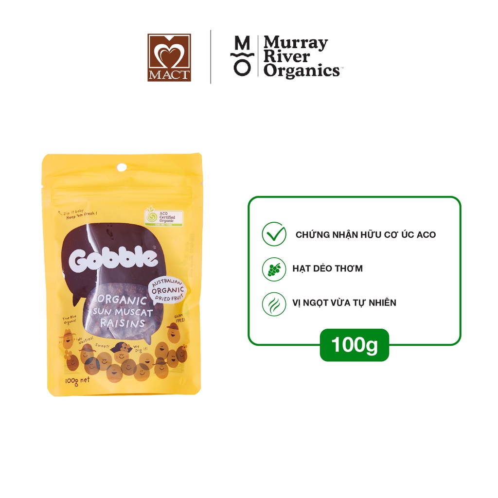 Nho khô hữu cơ GOBBLE ORGANIC SUN MUSCAT RAISINS - dẻo, ngọt vừa - túi 100g