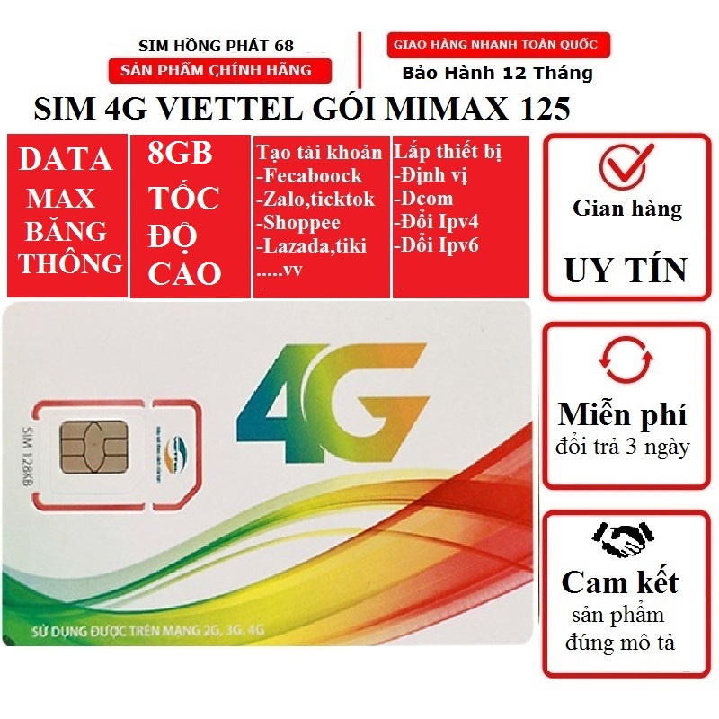 Sim4G viettel mimax125 8GB tốc độ cao truy cập data,hết tốc độ cao sử dụng tốc độ thường không giới hạn