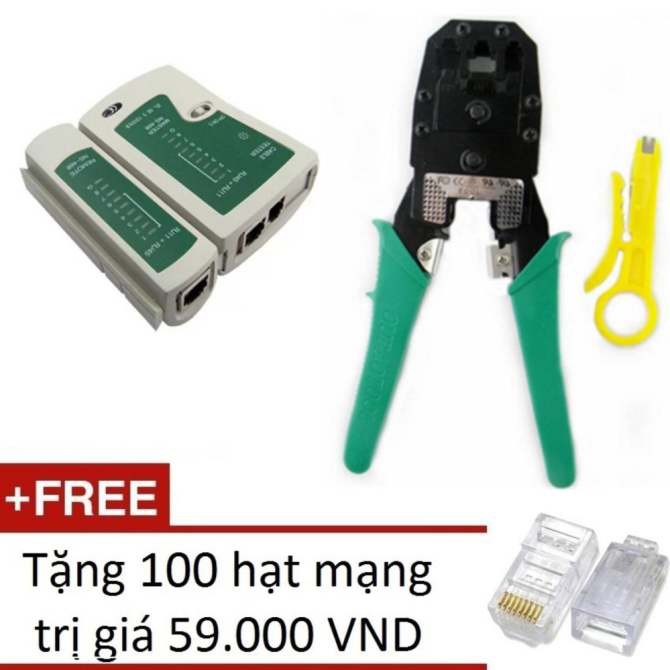 Combo bộ 3 món : Kìm bấm mạng + hộp test mạng + đầu bấm dây mạng (100 hạt).