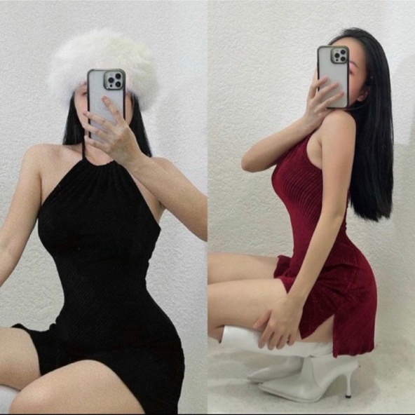 Đầm yếm nhung lụa hở lưng dáng xòe trơn xẻ tà nhẹ cực sexy , chất nhung mềm mát ly