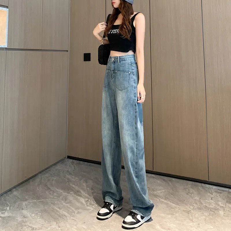 Quần Jeans Ống Rộng Lưng Cao Phong Cách Retro Cho Nữ