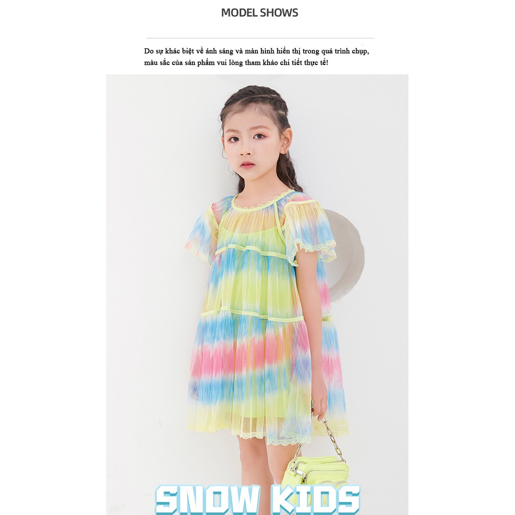 Đầm thời trang trẻ em bé gái hai lớp lưới thoáng khí màu sắc cầu vồng phong cách Hàn Quốc
