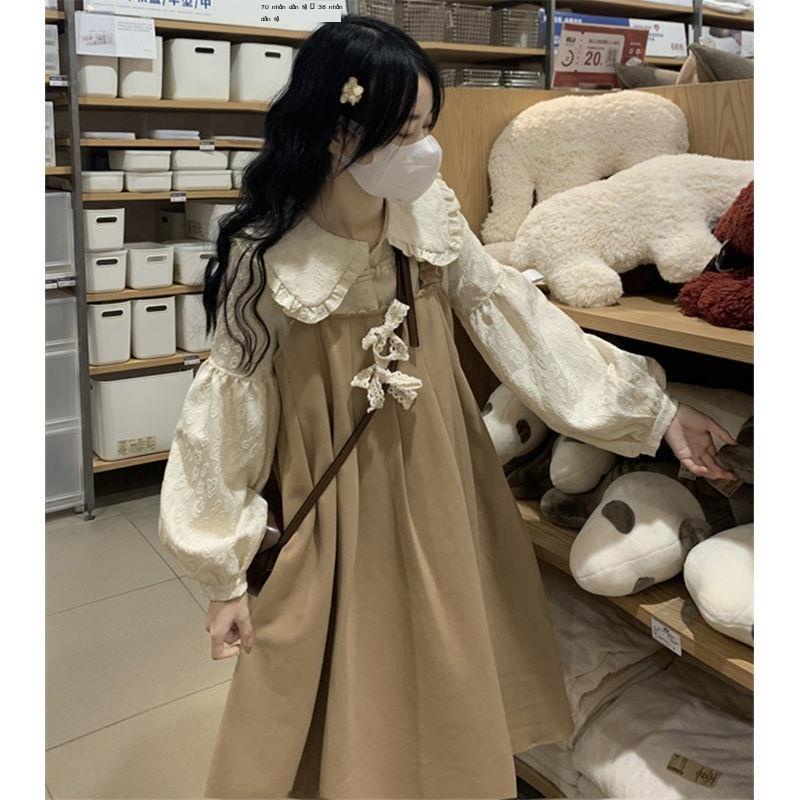 Bộ Áo Sơ Mi Cổ Búp Bê + Đầm Yếm Thắt Nơ Phong Cách Nhật Bản Dễ Thương Cho Nữ