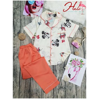 Đồ ngủ pijama lụa satin phối mickey
