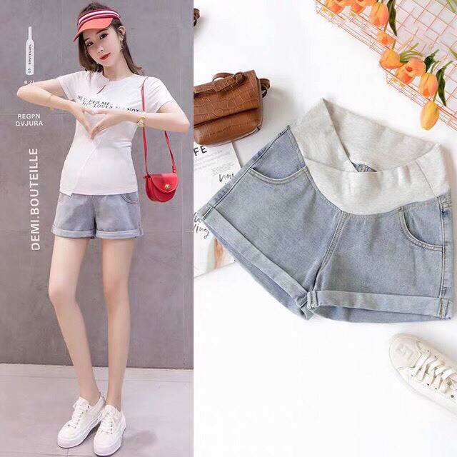 [có sẵn giao ngay] Quần short bầu denim gấp gấu-cạp thấp mới2020🤰kèm ảnh thật