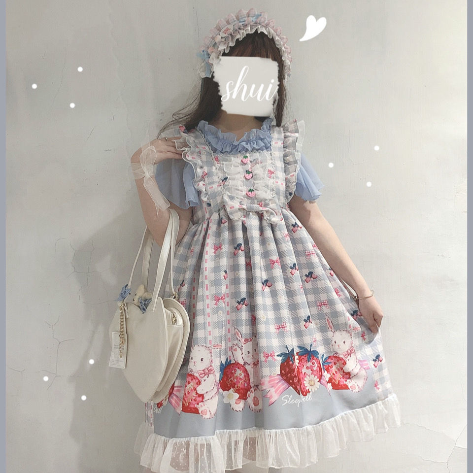 Đầm Lolita Phối Ren Họa Tiết Dâu Tây Xinh Xắn Phong Cách Vintage