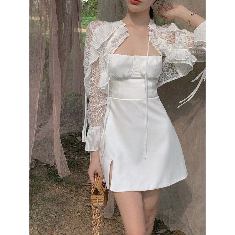 [Có ảnh thật] Set áo khoác ren tay dài+đầm 2 dây gợi cảm phong cách ulzzang SAM SAM BOUTIQUE | BigBuy360 - bigbuy360.vn