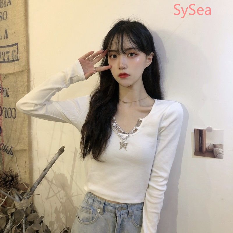 Áo Thun Màu Sắc Đơn Giản Phối Dây Xích Thời Trang Cho Nữ