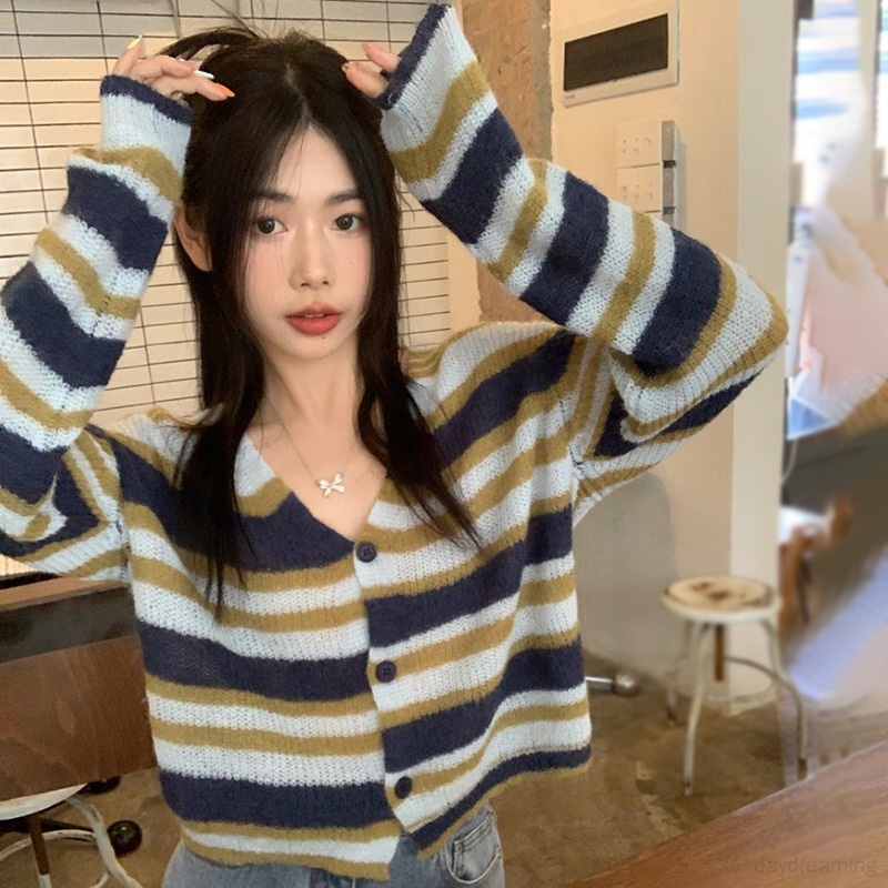 Áo Khoác Cardigan Dệt Kim Tay Dài Họa Tiết Kẻ Sọc Thời Trang Cho Nữ