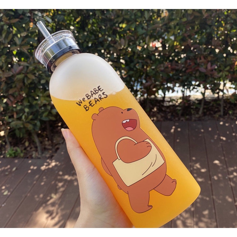 Bình Đựng Nước Dung Tích 1000ML Có Kèm Ống Hút In Hình 3 Chú Gấu Dễ Thương We Bare Bears