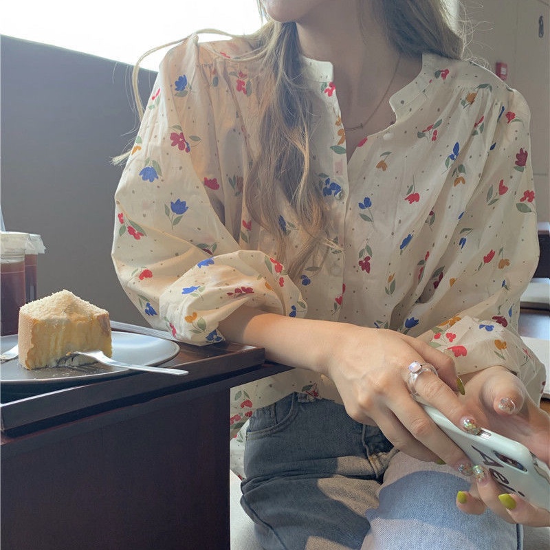 COZOK Áo Sơ Mi Chống Nắng Dáng Rộng Cổ Tròn In Hoa Xinh Xắn Hợp Thời Trang