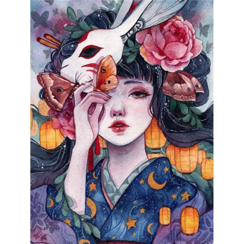 Tranh đá tự đính tự làm 30x40cm giá rẻ in theo yêu cầu, tranh đính đá phong cảnh Anime 5D (Cô gái - Mặt Nạ)
