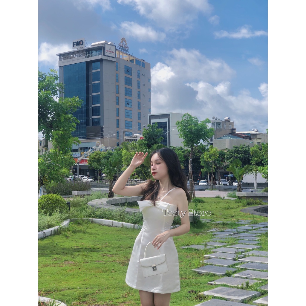 Váy 2 Dây Nữ Trễ Vai Nơ Ngực 🌱 Đầm 2s Cúp Ngực Chất TAFTA Dáng Ngắn 2 Màu 🌱