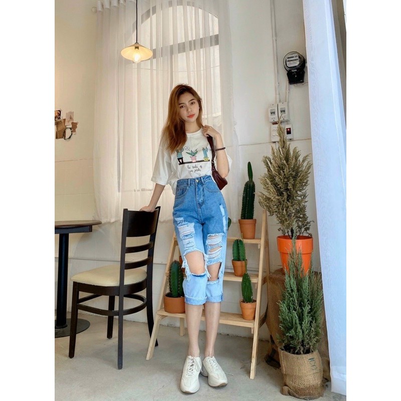 Quần baggy jean lửng wash loang rách mã 147, ảnh thật 100%