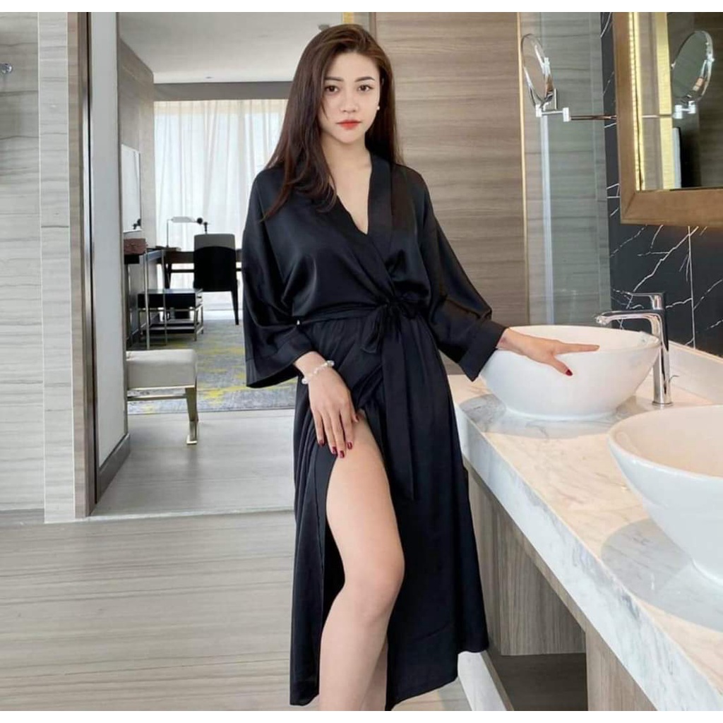 Áo choàng ngủ lụa trơn dài qua gối Hantu Sleepwear  ĐỦ MÀU ĐỦ SIZE 40 -100KG