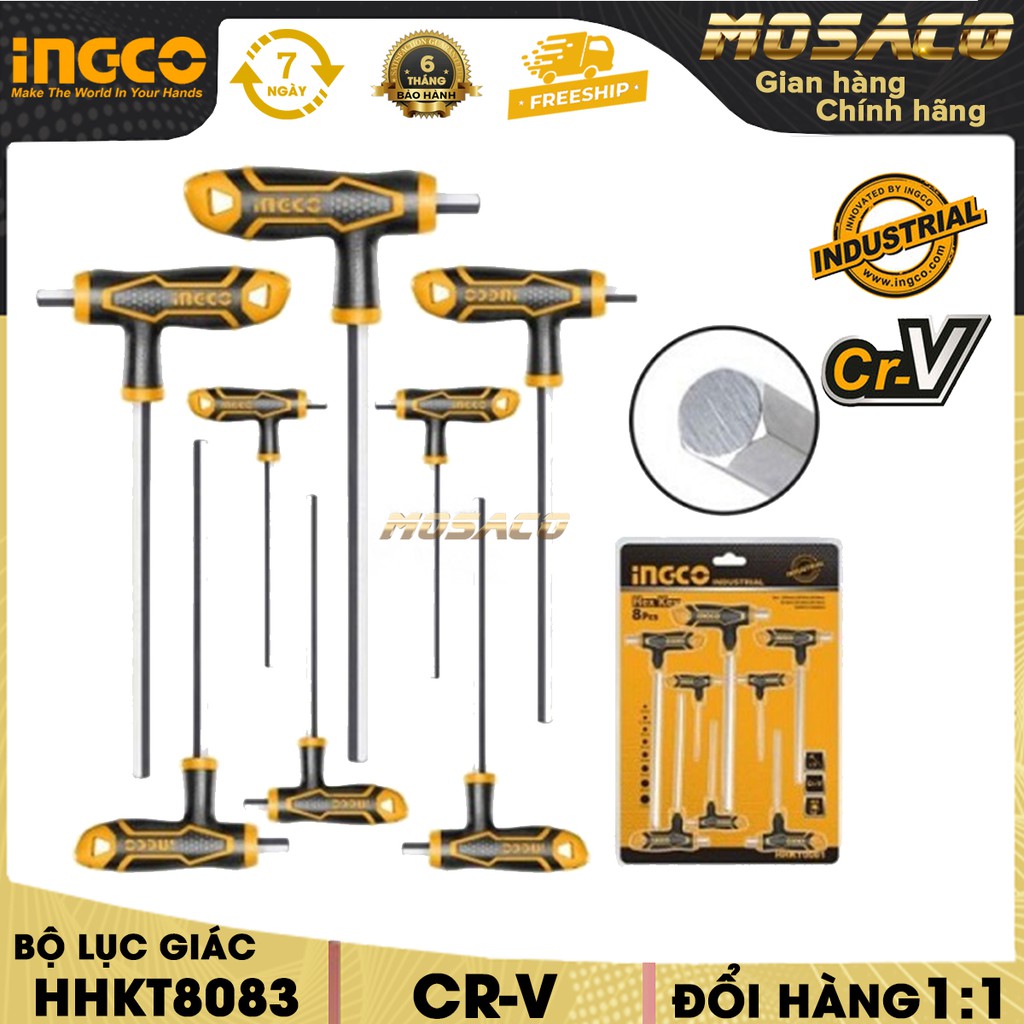 Bộ 8 chìa lục giác bông tay cầm chữ T HHKT8083 Cr-V, Khóa lục giác tay cầm mới chịu nhiệt, mạ bằng thép chrome