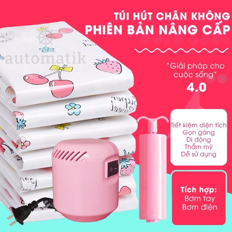 Túi Hút Chân Không Đựng Quần Áo Chăn Màn Du Lịch Bơm Điện Van 1 Chiều Bảo Quản Quần Áo Chăn Chống Nấm Mốc Automatik
