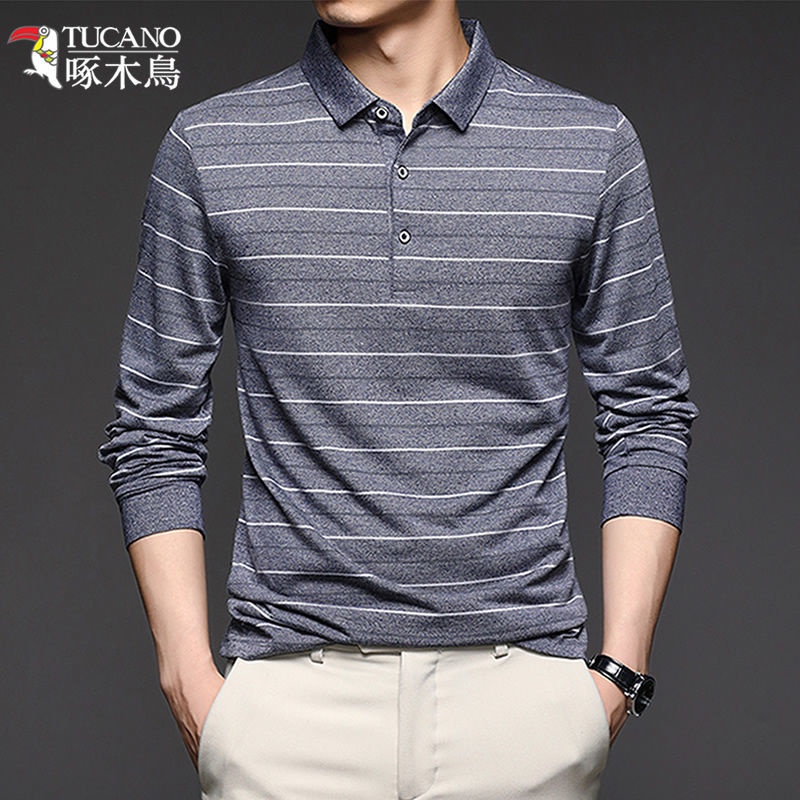 Áo polo Nam Tay Dài Dáng Rộng Họa Tiết Sọc Ngang Thời Trang