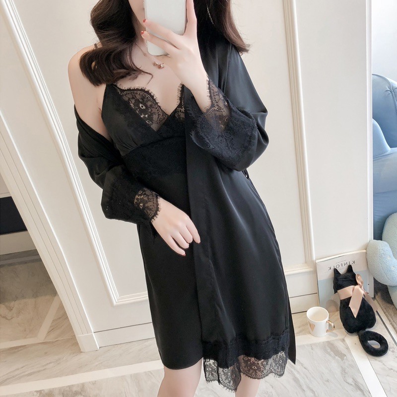 Set váy ngủ⚡️FREESHIP⚡️Đồ mặc nhà lụa cao cấp, Đồ ngủ  Gồm Váy viền ren và áo choàng Sexy gợi cảm, 4 màu xinh xắn | BigBuy360 - bigbuy360.vn