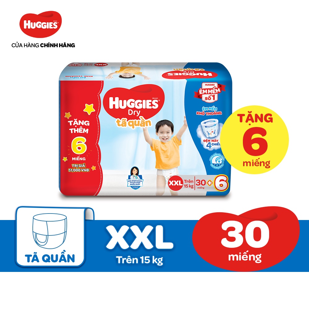 [Mã MKBHUGBU giảm 12% đơn từ 400K] Tã quần HUGGIES DRY PANTS JUMBO M42/L38/XL34/XXL30 + Tặng 6 miếng