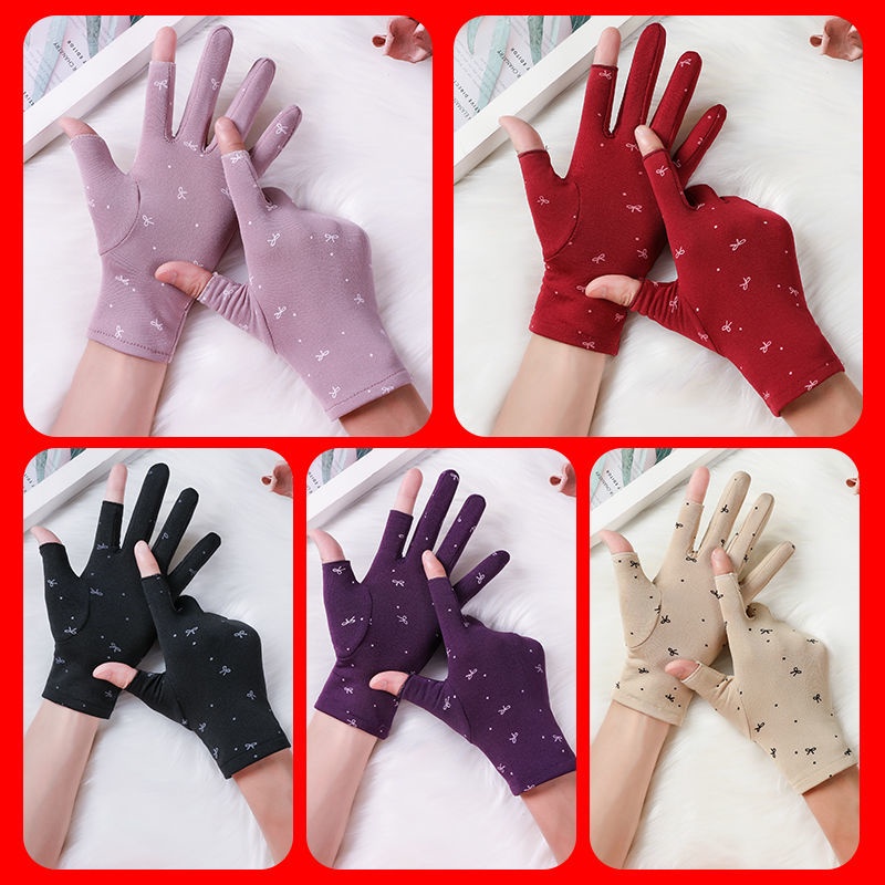 Găng tay hở ngón hai ngón bằng vải nhung cotton dày dặn chống lạnh chống gió mùa thu đông cho nữ