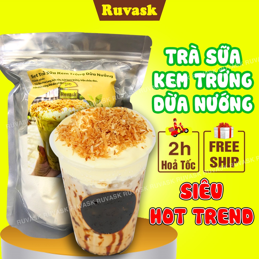 Trà Sữa Tự Pha Kem Trứng Vụn Dừa Nướng -Set Nguyên Liệu Làm Trà Sữa Trân Châu-Trà Sữa Tự Làm Tại Nhà Đồ Ăn Vặt Ruvask