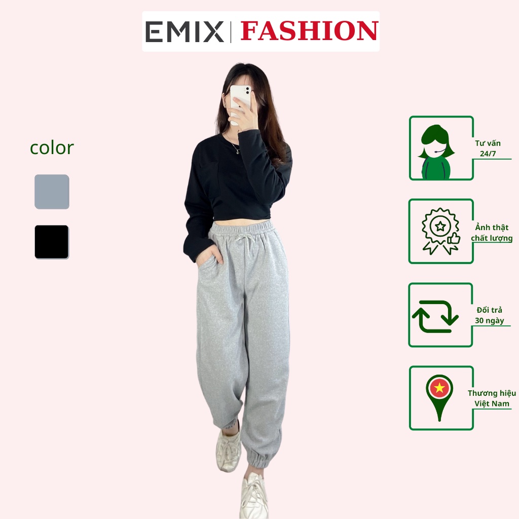 Quần jogger nữ thể thao EMIX (2 màu), unisex, dáng dài, cạp cao, lưng chun, vải nỉ tổ ong, form thụng basic