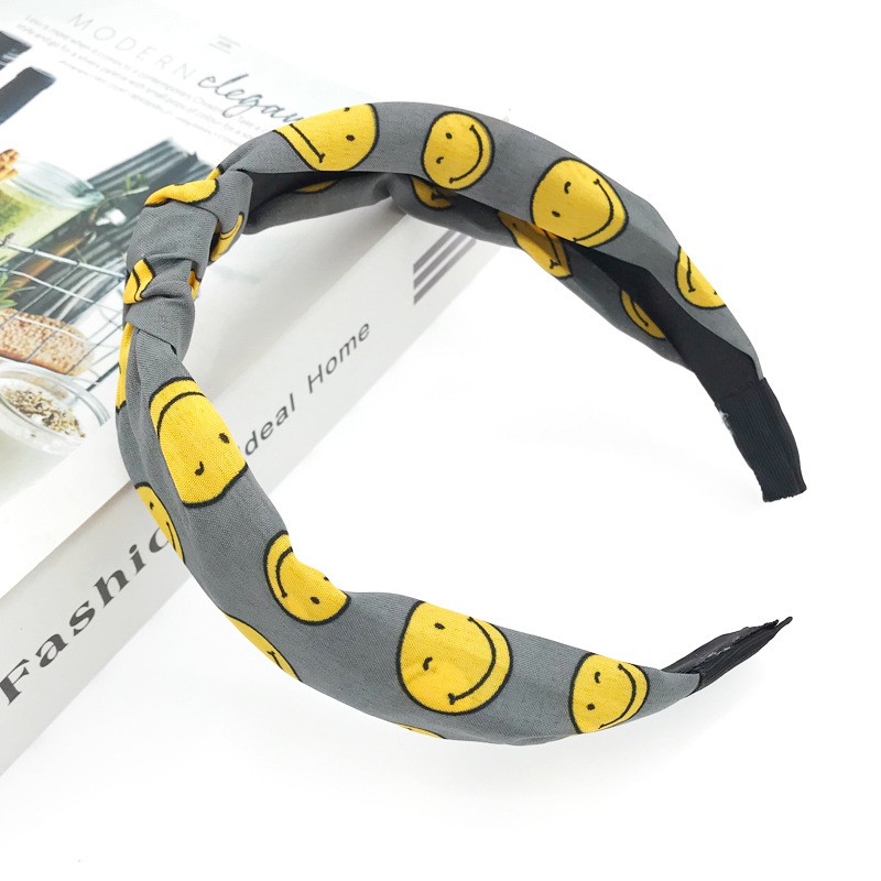 Băng đô vải bản rộng thắt nơ in họa tiết mặt cười đơn giản phong cách Hàn Quốc thời trang dành cho nữ