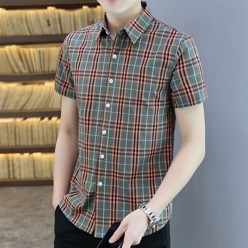 Áo Sơ Mi Cotton Tay Ngắn Họa Tiết Kẻ Sọc Màu Đen / Đỏ / Xanh Quân Đội Phong Cách Hàn Quốc Thời Trang Mùa Hè Cho Nam