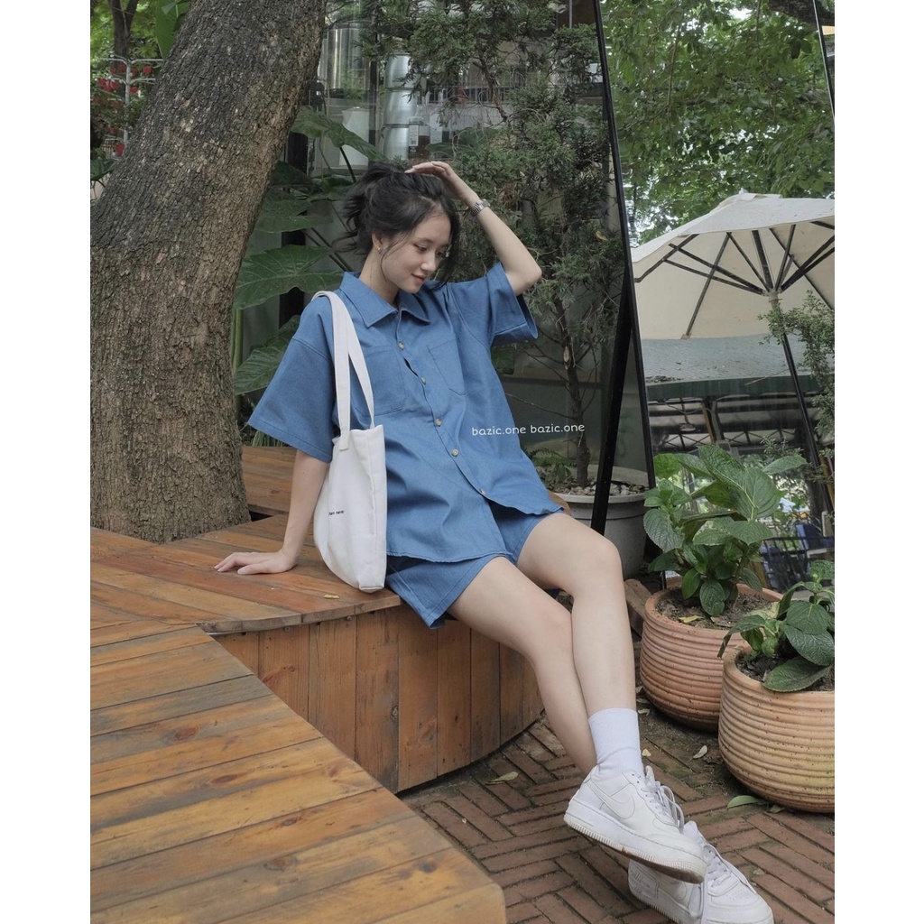 SET JEANS VIỀN CHỈ 2 MÓN doubleh.clo - Set áo sơ mi bò jeans viền chỉ kèm quần short cạp chun co giãn mềm mại chất mát