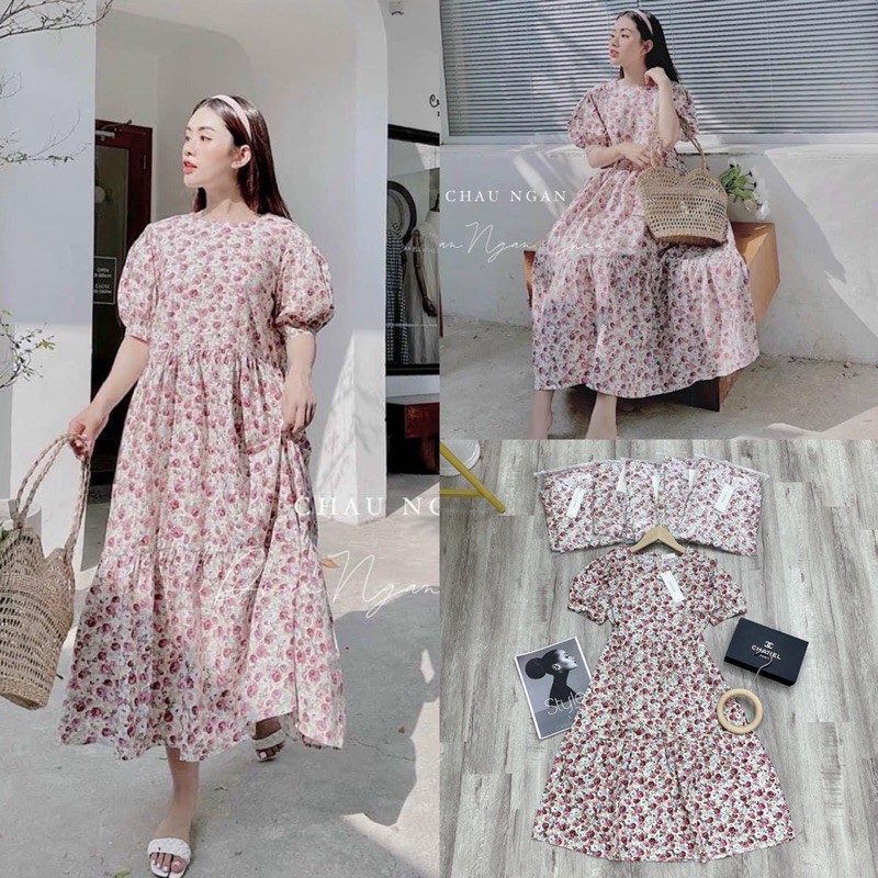 Đầm babydoll hoa hồng dáng dài❤️đầm nữ dáng xoè❤️ chất thô mềm kèm ảnh thật