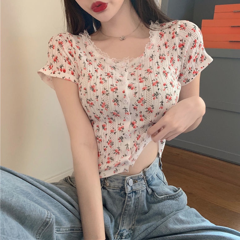 COZOK Áo Thun Tay Ngắn Cổ Tròn Họa Tiết Hoa Phong Cách Vintage