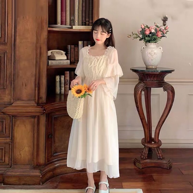 (Sẵn 1 trắng ngà) Váy trắng dài bánh bèo tiểu thư[Hàng ord 12-25 ngày k có sẵn]
