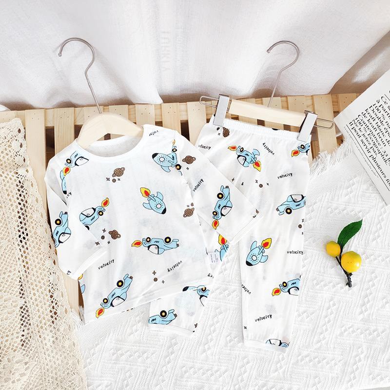 Bộ Dài Tay Chất Cotton Lưới Sợi Tre Cho Bé Trai size 1-7 tuổi, Đồ Bộ Mặc Ngủ Điều Hoà