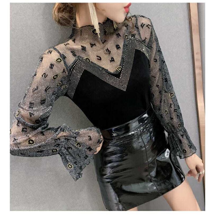 Áo Lưới Tay Dài Chất Liệu Nhung Phối Ren Quyến Rũ Thời Trang Xuân Thu Phong Cách Phương Tây