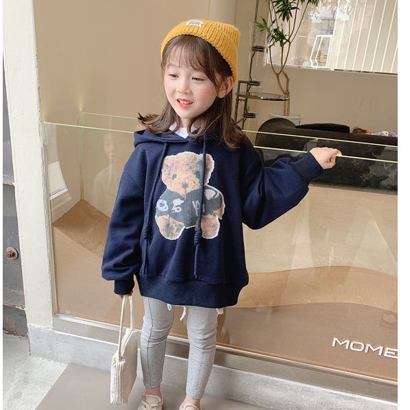 Áo hoodie tay dài in hình gấu nhỏ phong cách Hàn Quốc thời trang xuân thu cho bé gái 2021