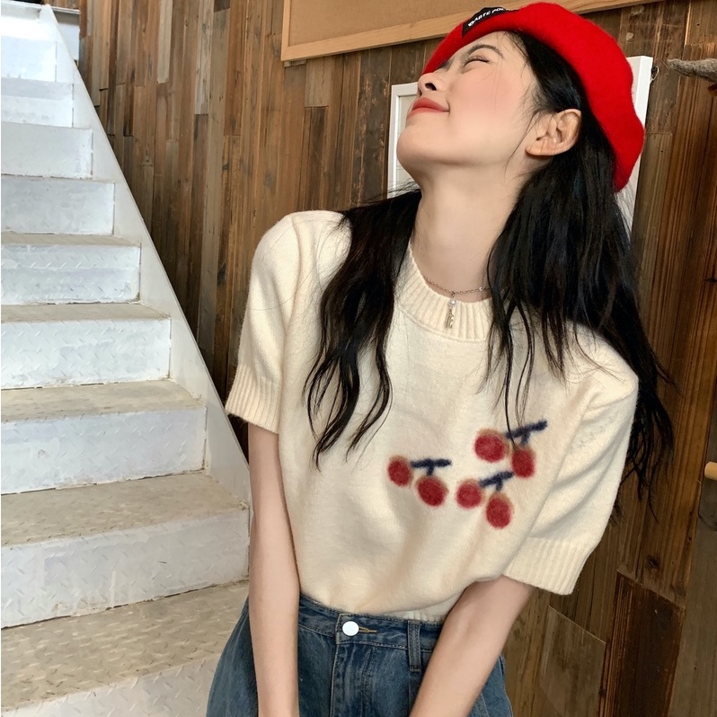 Áo Thun Dệt Kim Tay Ngắn Cổ Tròn In Hình Quả cherry Dễ Thương