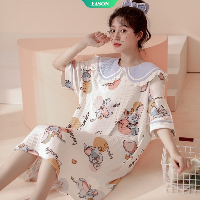 Đồ ngủ Tay Ngắn Dáng Rộng Chất cotton Mỏng Nhẹ In Họa Tiết Dễ Thương Phong Cách Hàn Quốc Thời Trang Cho Nữ