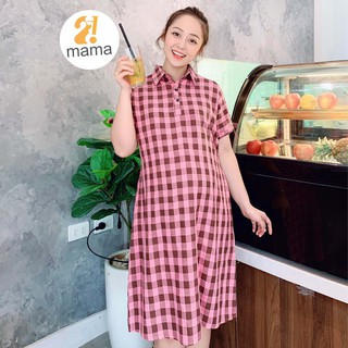 Váy bầu thiết kế 2MAMA dáng suông kẻ ô màu sọc hồng vàng V73
