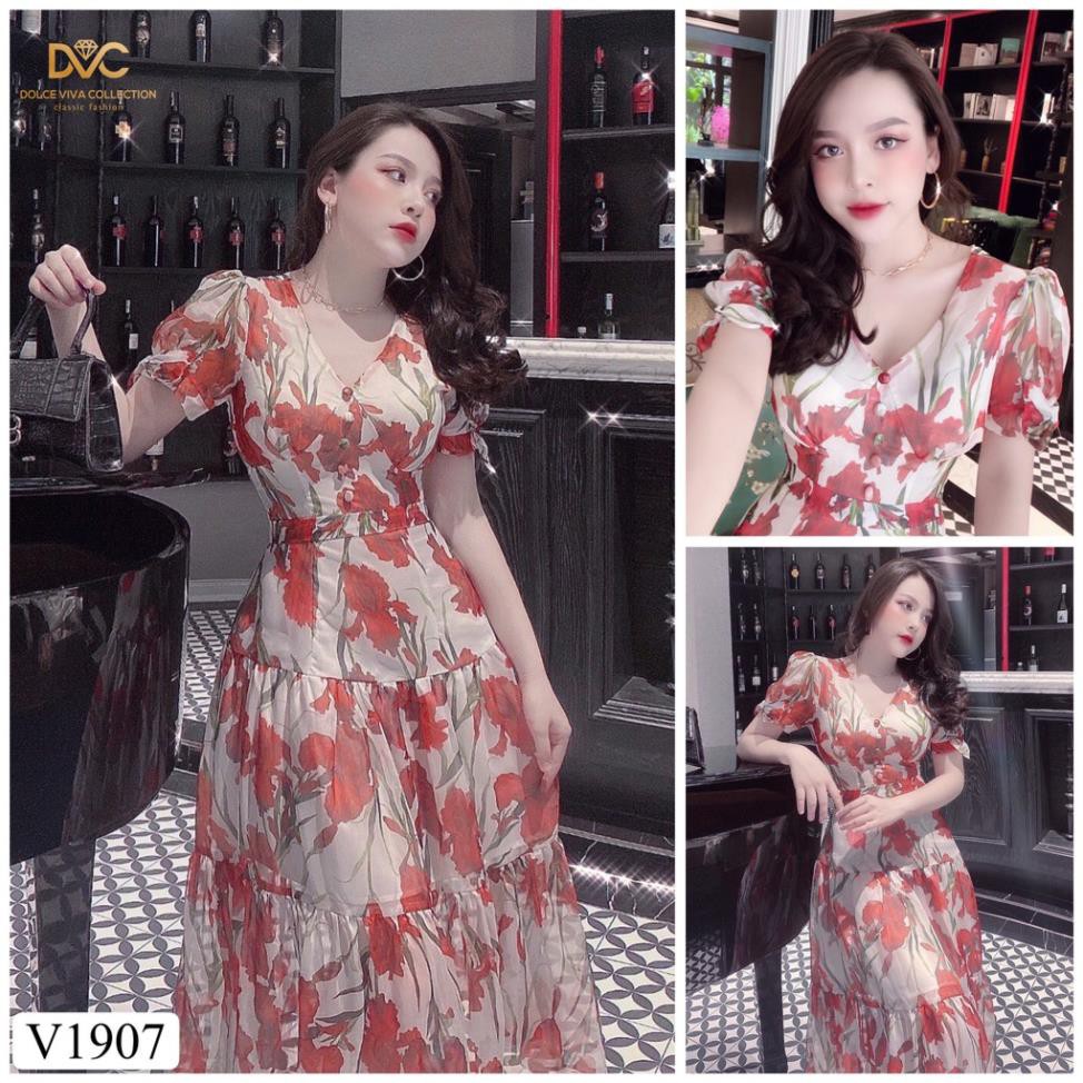 Váy hoa xòe cổ V V1907 - ĐẸP SHOP DVC ( Ảnh mẫu và ảnh trải sàn do shop tự chụp ) chính hãng