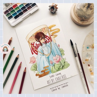 Tranh tô màu - "Cổ phục Việt Nam" của họa sĩ Châu Koi, 3 tranh, giấy vẽ màu nước coldpress 300gsm