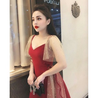 Đầm Đỏ Chi Pu Voan Tay Kim Tuyến Kết Hạt Siêu Xinh