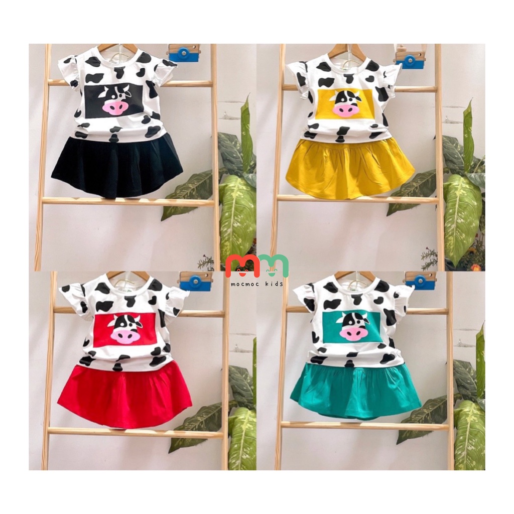 Set đồ bé gái, áo thun hottrend bò sữa dún bèo tay phối váy xòe kèm chip trong thun cotton mềm mát cho bé 10kg đến 25kg